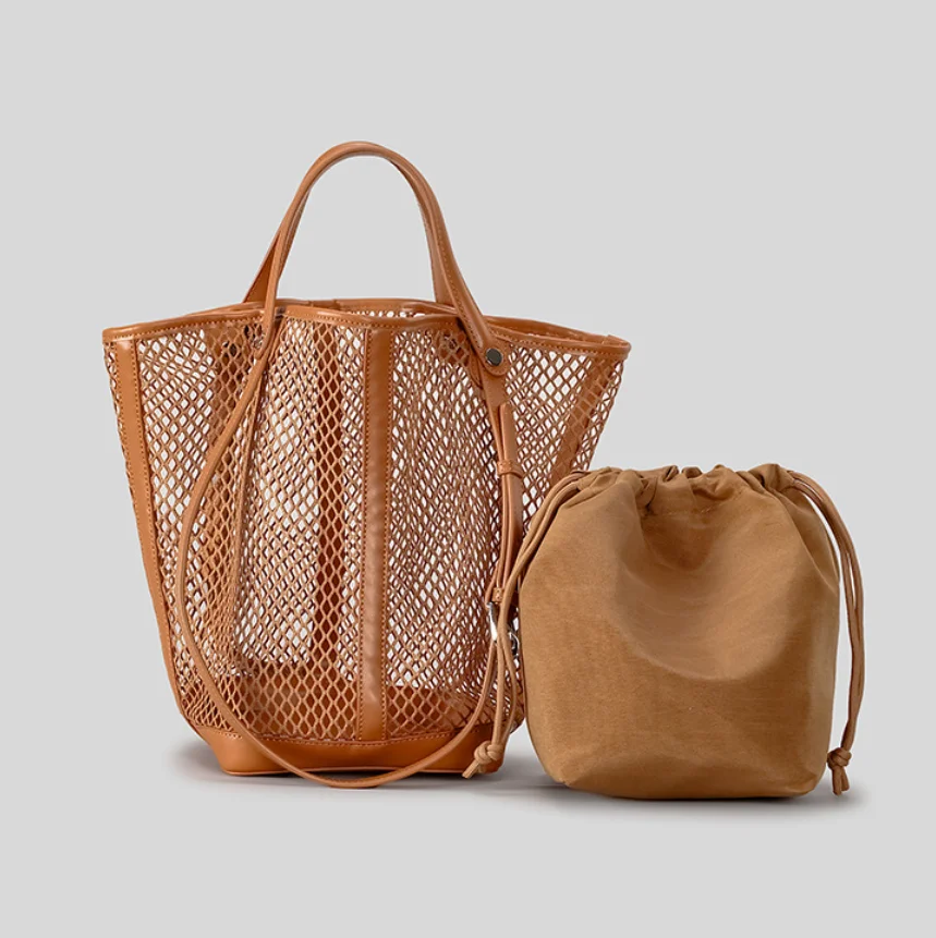 Casual Hollow Mesh Women Shoulder Bags Large Capacity Buckets bag Luxury Pu Leather Patchwork Summer Beach Handbags 2026 sac 가방