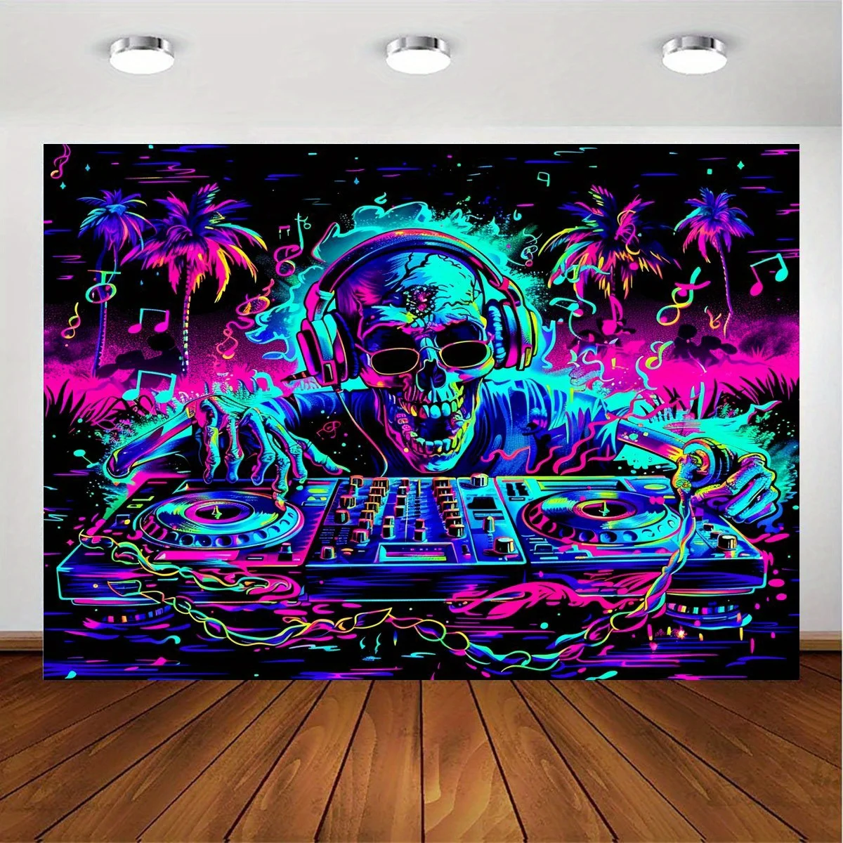 Neon Skull DJ Turntable Palm Tree 2D Flat Tapestry Backdrop For Music Party Room Decor Cyberpunk Wall Hanging Art Print
