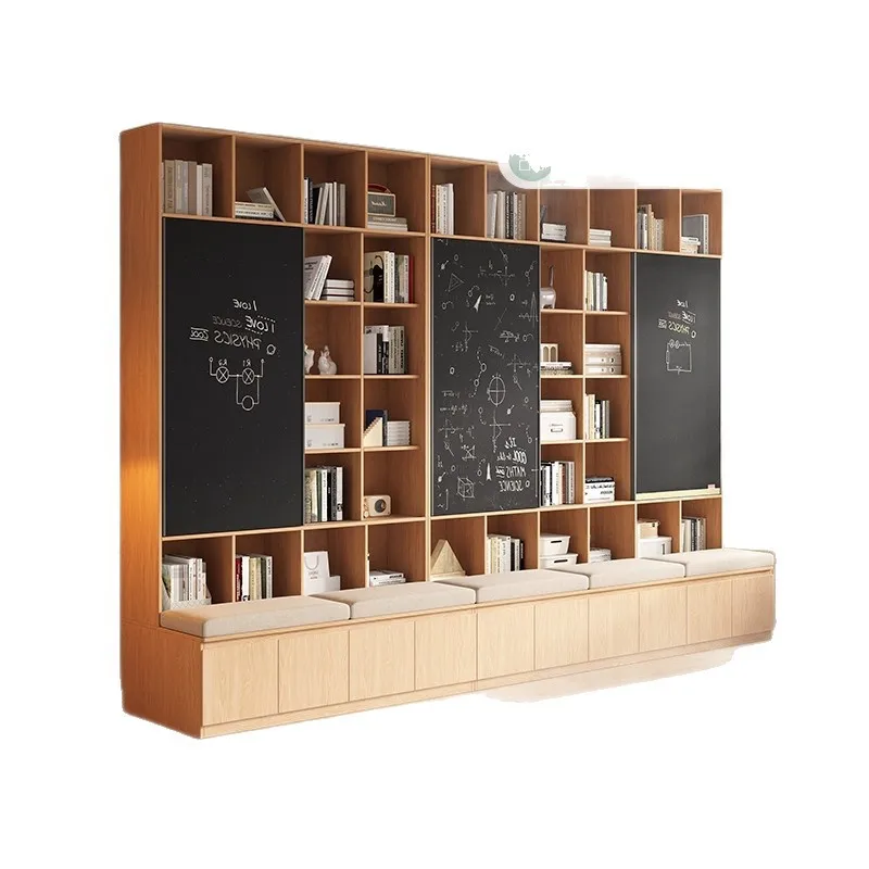 Oak card bookcase bookshelf integrated living room full wall, all solid wood children's sliding door blackboard cabinet