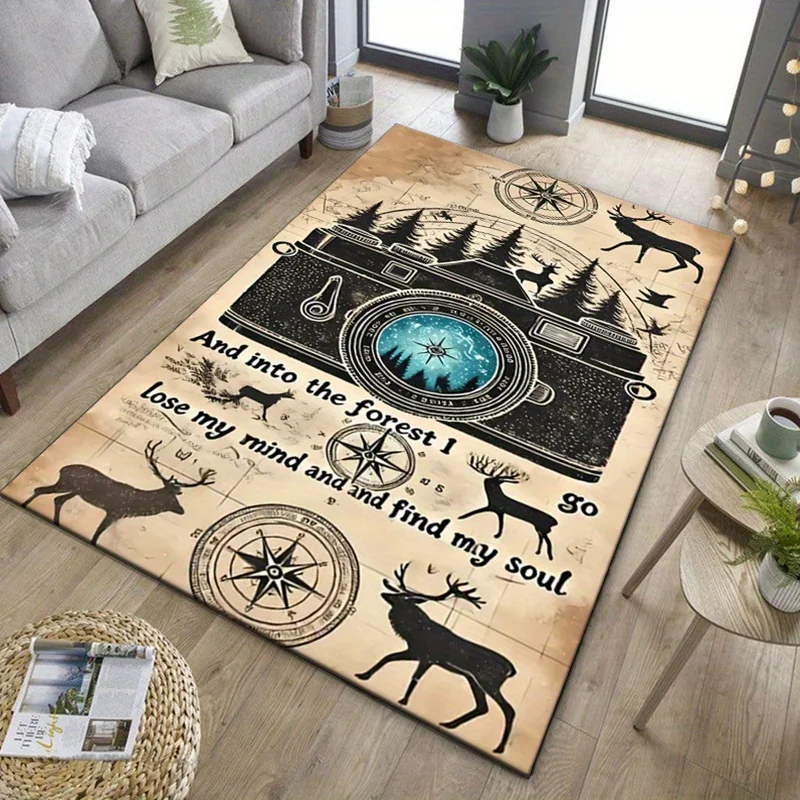 

Лесная приключенческая камера, ковер с оленем, вдохновляющая цитата, подарок для любителей природы, деревенский домашний декор, противоскользящий ковер, можно стирать в машине