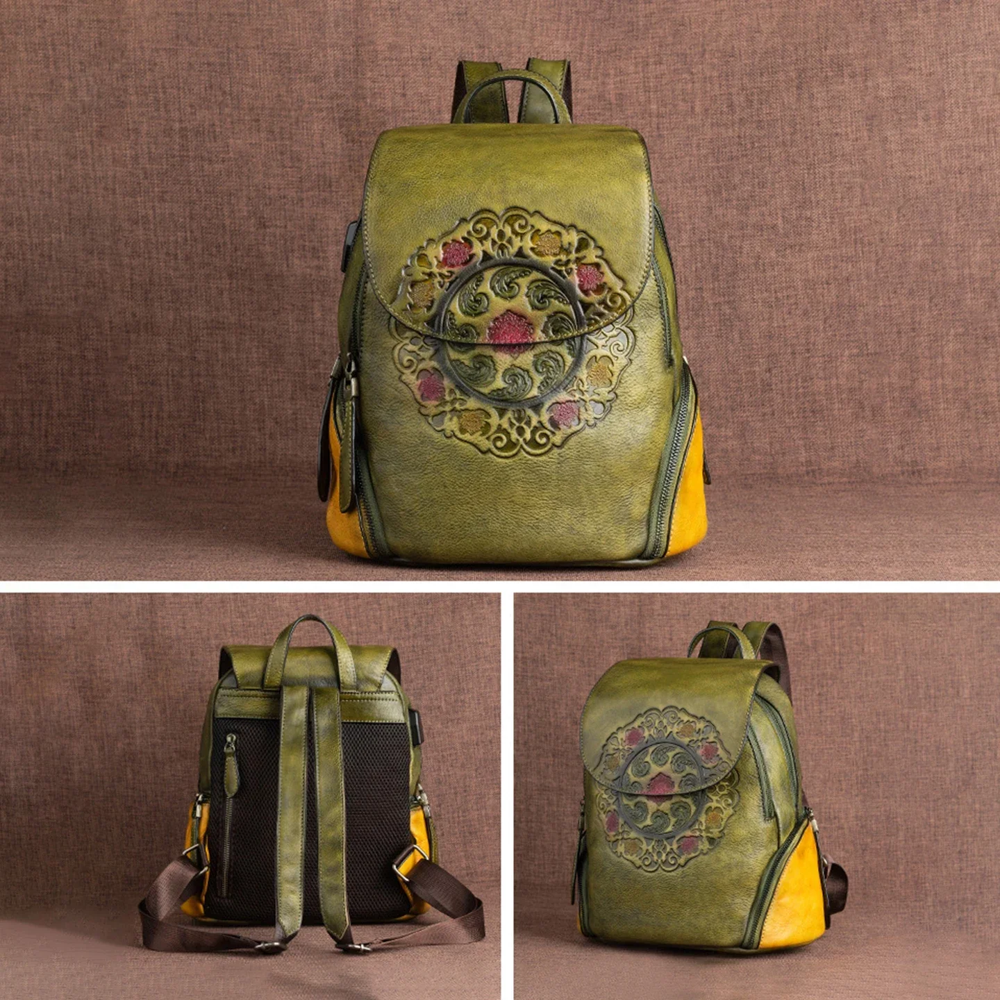 Vintage Ethnic Embossed Pattern Backpack High End Genuine Cowhide Original Unique Design Casual Commute School Travel Rucksack