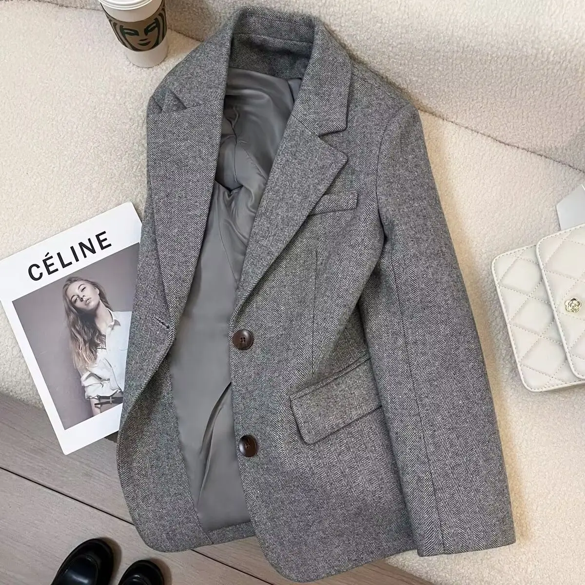 Grey Herringbone pattern Woolen Suit Jacket for women 2026 New Autumn Winter Retro Commuting Casual Top Female Single Breasted