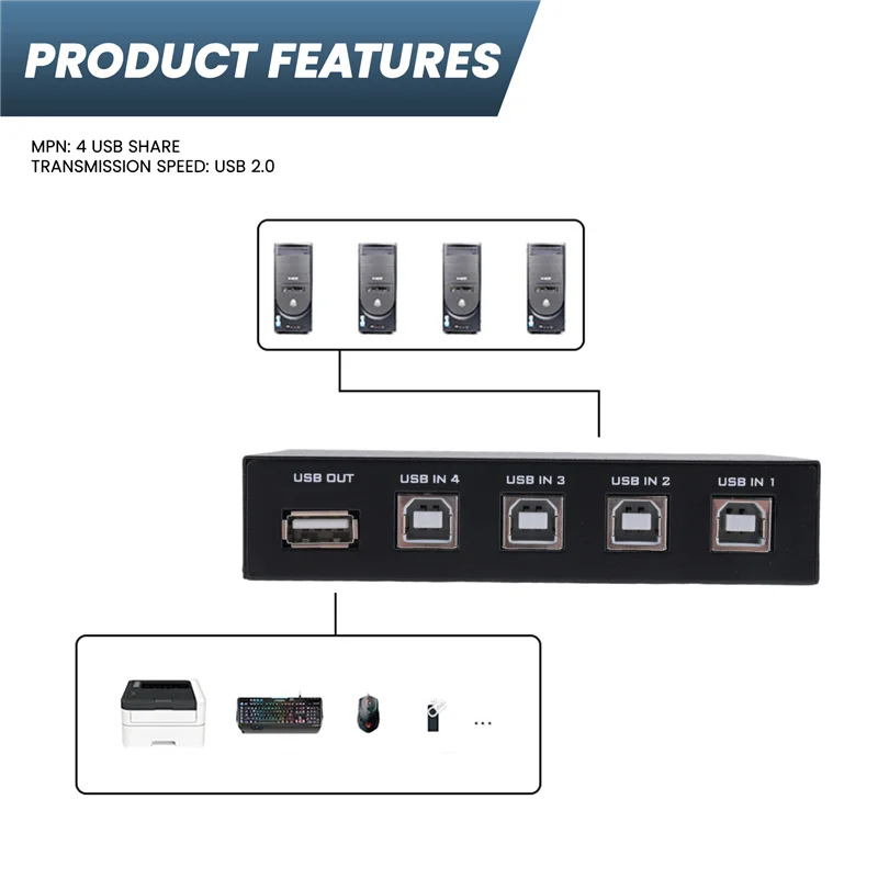 أحدث طابعة صغيرة 4 منافذ USB الماسح الضوئي مشاركة مشاركة التبديل صندوق الفاصل Hub-ABIU