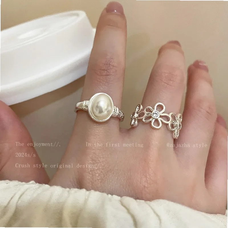 Pearl Flower Opening Ring for Women, Light Luxury Exaggerated Statement Ring, Unique Niche Design