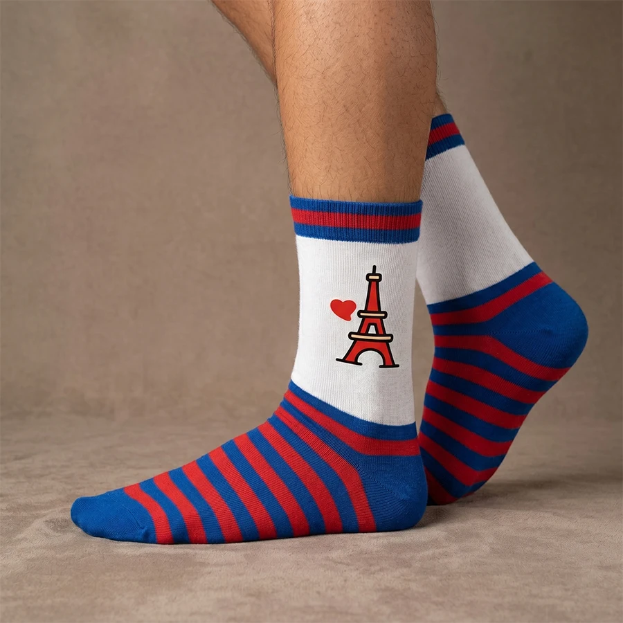 1 Pair of Unisex Socks with White Base, Red and Blue Stripes, and a Red Eiffel Tower Heart Pattern. Color-Contrasting Cuffs and Blue Heel and Toe. Made of Polyester, Breathable, Fun, Mid-Calf Socks, Suitable for Everyday Wear