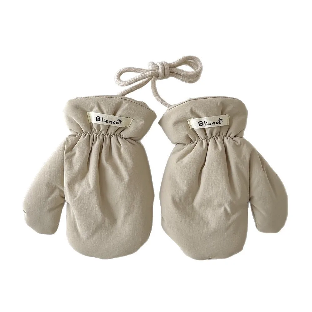 1 زوج قفازات أطفال لطيفة بلون صوف مبطن قفازات مقاومة للماء مع حزام الرقبة الحبل شتاء دافئ غطاء كامل قفاز #4