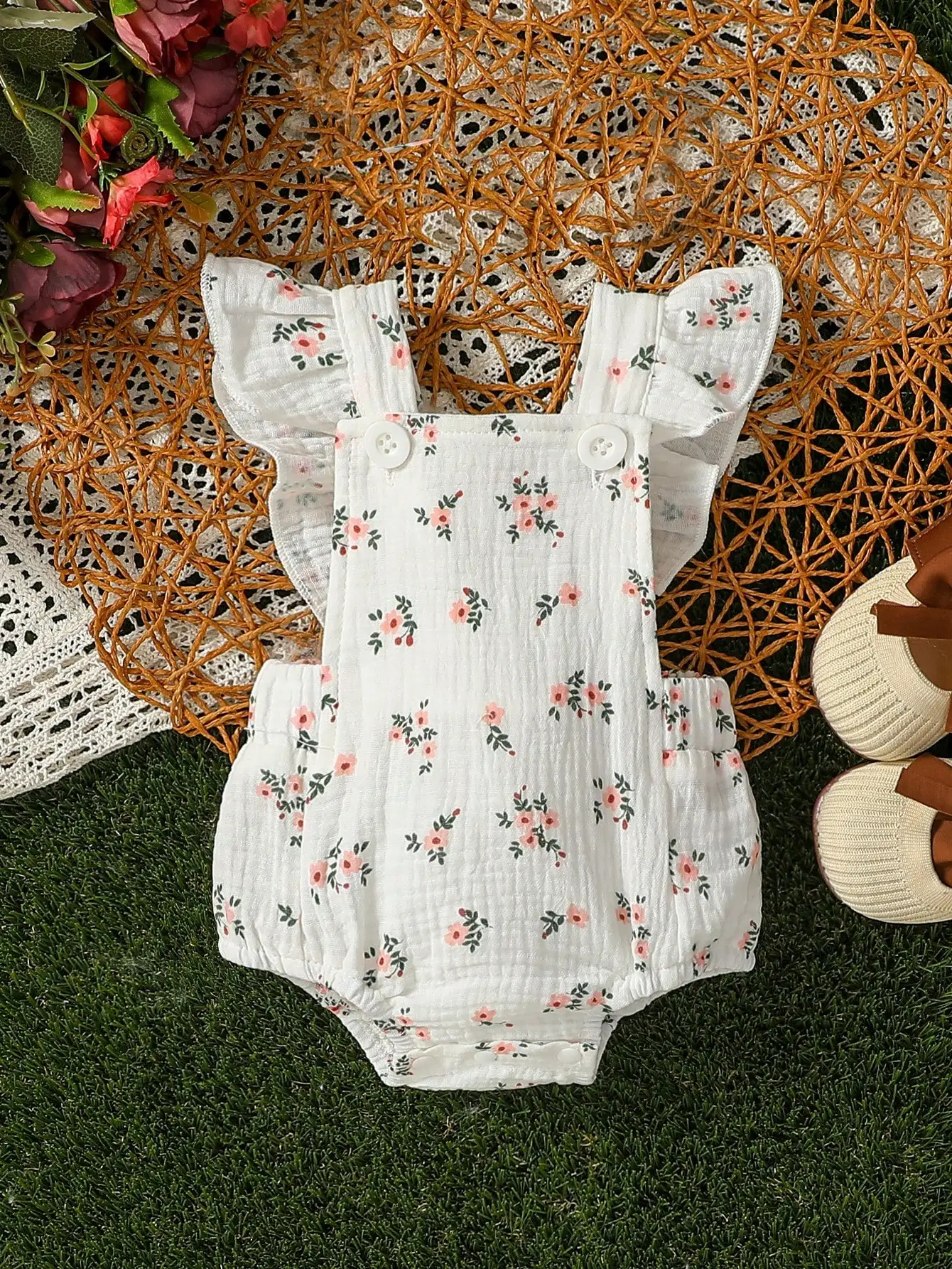 Baby Cute Girl Summer Clothes Ruffled Sleeves Floral Jumpsuit Romper Outfit Set (Without Headband)