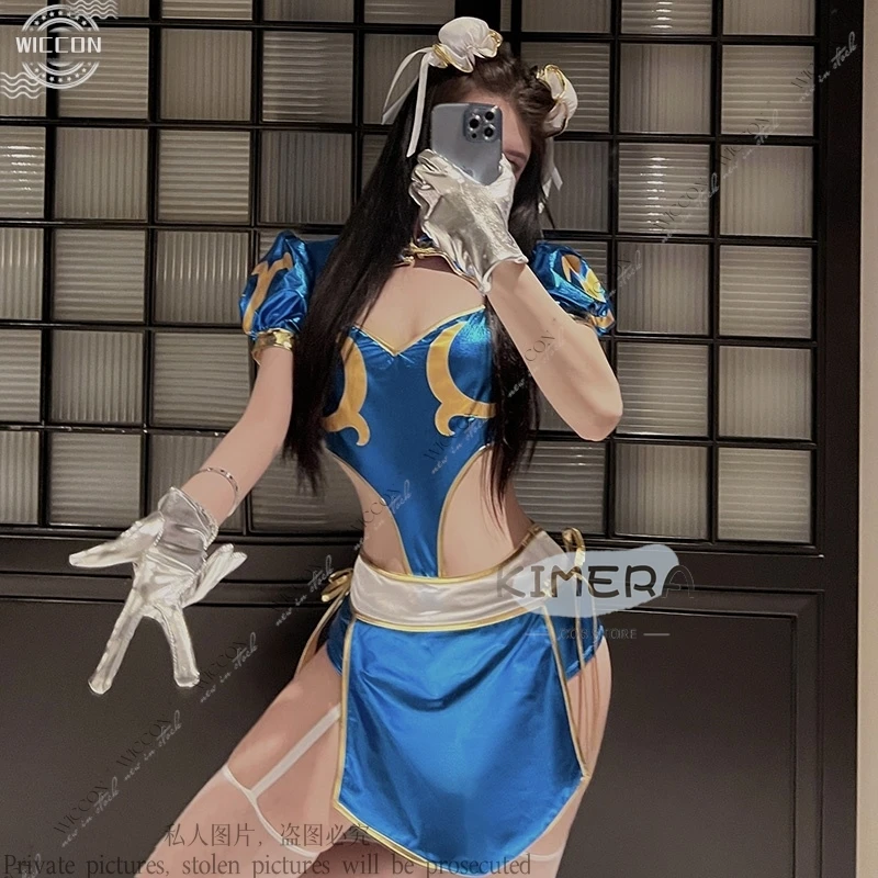 

Chunli Cosplay Costume Tops Pants Apron Headwear Socks Gloves Slit Cheongsam Uniform Set Sexy Role Play Fanart Festivals Party