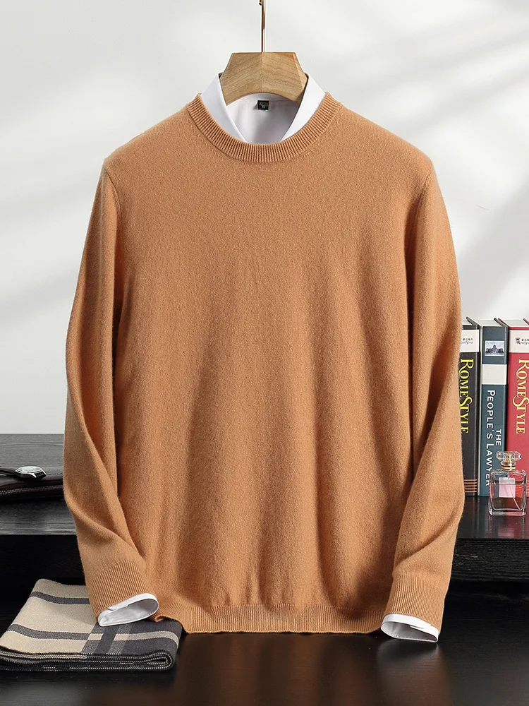 

100% Cashmere Sweater Men's Round Neck Knitted Pullover For Autumn Winter New Style Solid Color Long Sleeved Top Basic Versatile