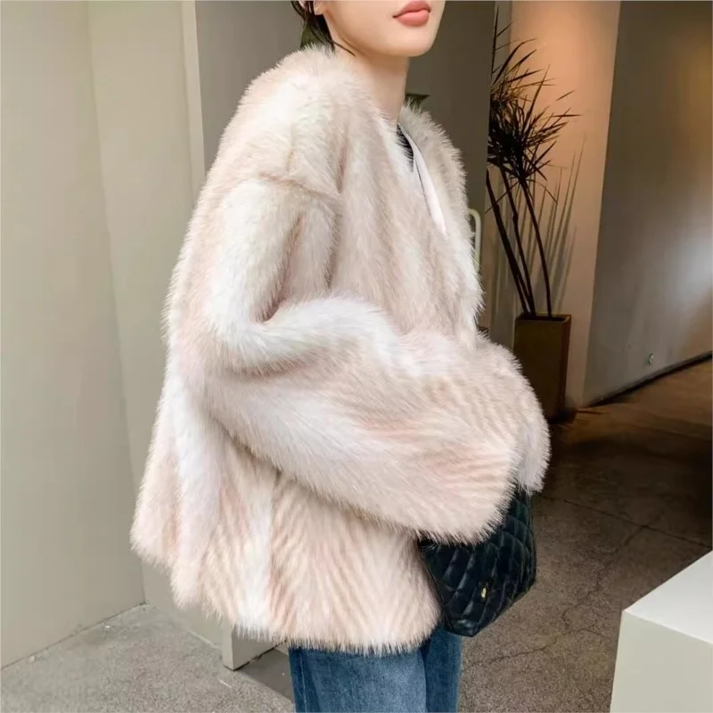 

New water ripple mixed fur and plush coat fashionable deep-neck women's