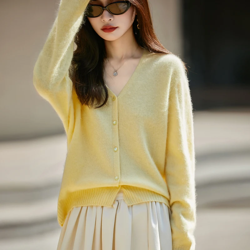 Mode 100% Merino Wolle Hoodie frauen V-ausschnitt Strickjacke Pullover Herbst Winter Breiten Ärmeln Warme Kaschmir Koreanische Ausgabe Top