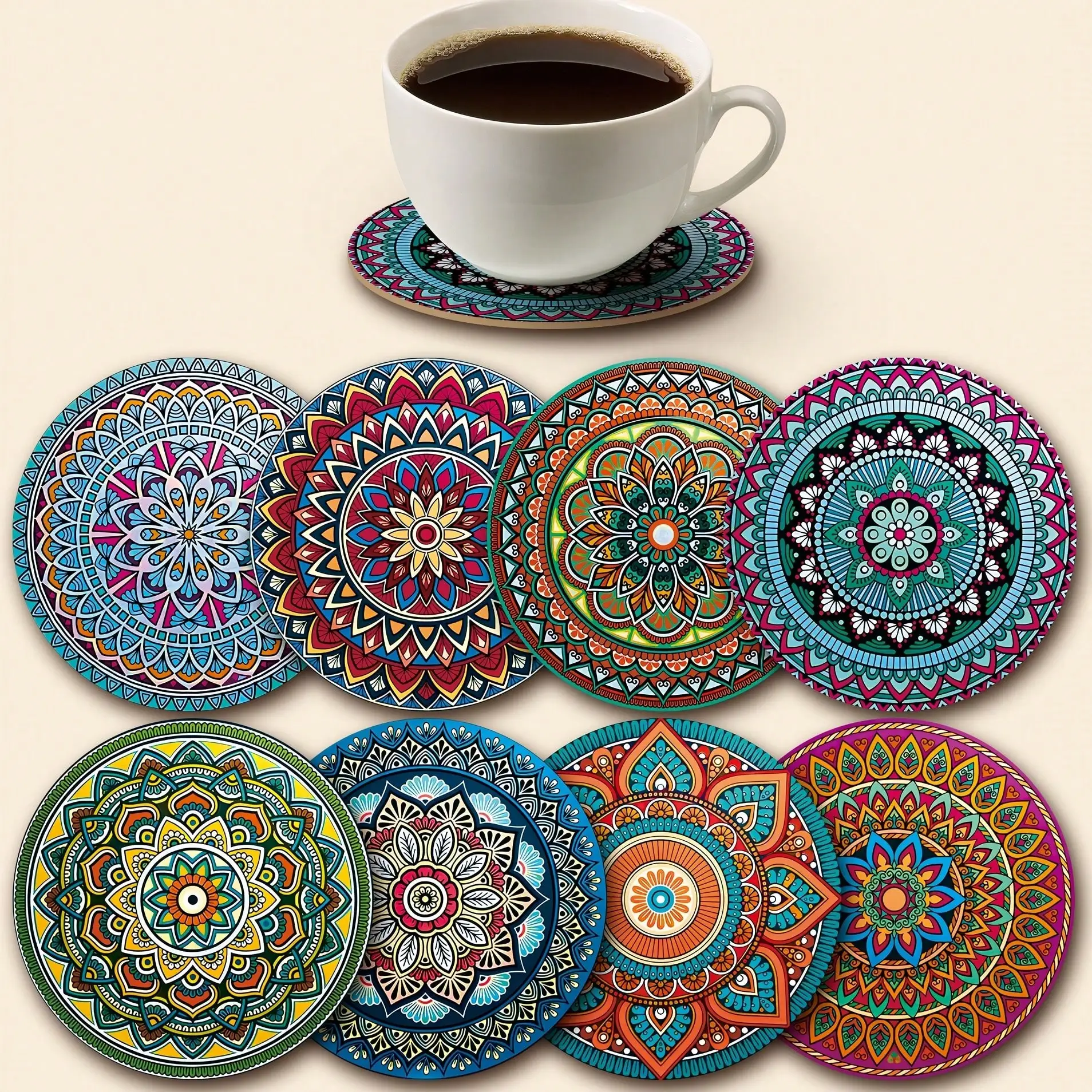 8-Piece Mandala Coaster Set, Wooden Coaster Set, A Must-Have For Holiday Parties, Suitable For Bars, Offices , Size 10cm X 10cm.