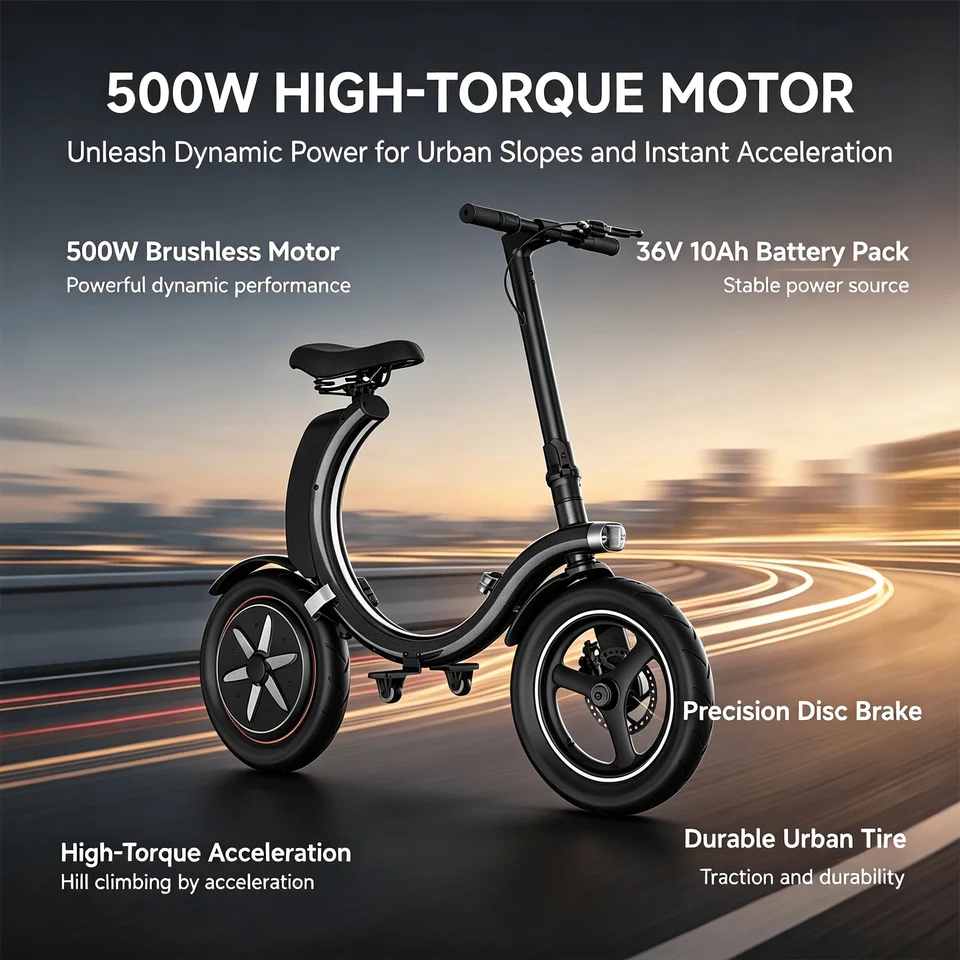 C2 Folding Electric Bike for Adults, 500W High‑Torque Hub Motor 36V 10Ah Lithium Battery, 25‑30 Miles Range, 14 Inch Urban Commuter E‑Bike with Disc Brake, Lightweight Foldable E‑Bicycle for City Travel image 2