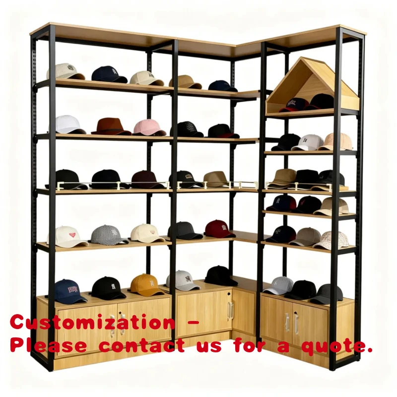 

Customize.Rustic Corner Headwear Display Rack L-shaped Steel Wood Structure Multi-tier Baseball Cap Organizer Display Rack