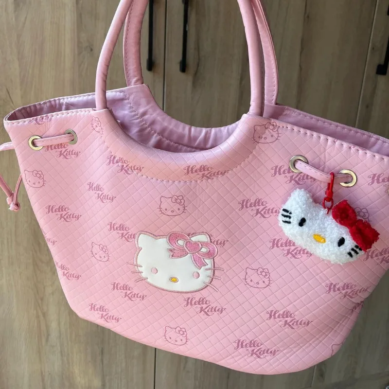 Xiuya Pink Tote Bag for Women Hello Kitty Vintage Cartoon Embroidery Cute Shoulder Bag Literary Casual Fashion Female Handbag