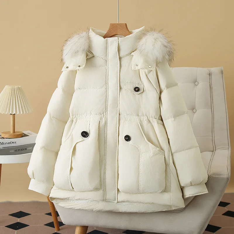 Plus Size Women Winter Down Coat Loose Thickening Large Real Raccoon Fur Collar 90% White Duck Down Jacket 2746