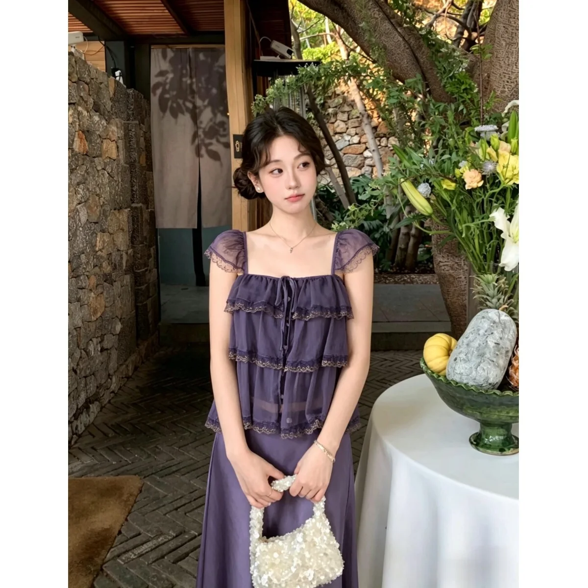 

Elegant Sweet Korean Style Women's Top Square Collar Fly Sleeve Cake Shirt Gentlewoman's Fashion Summer New Arrival
