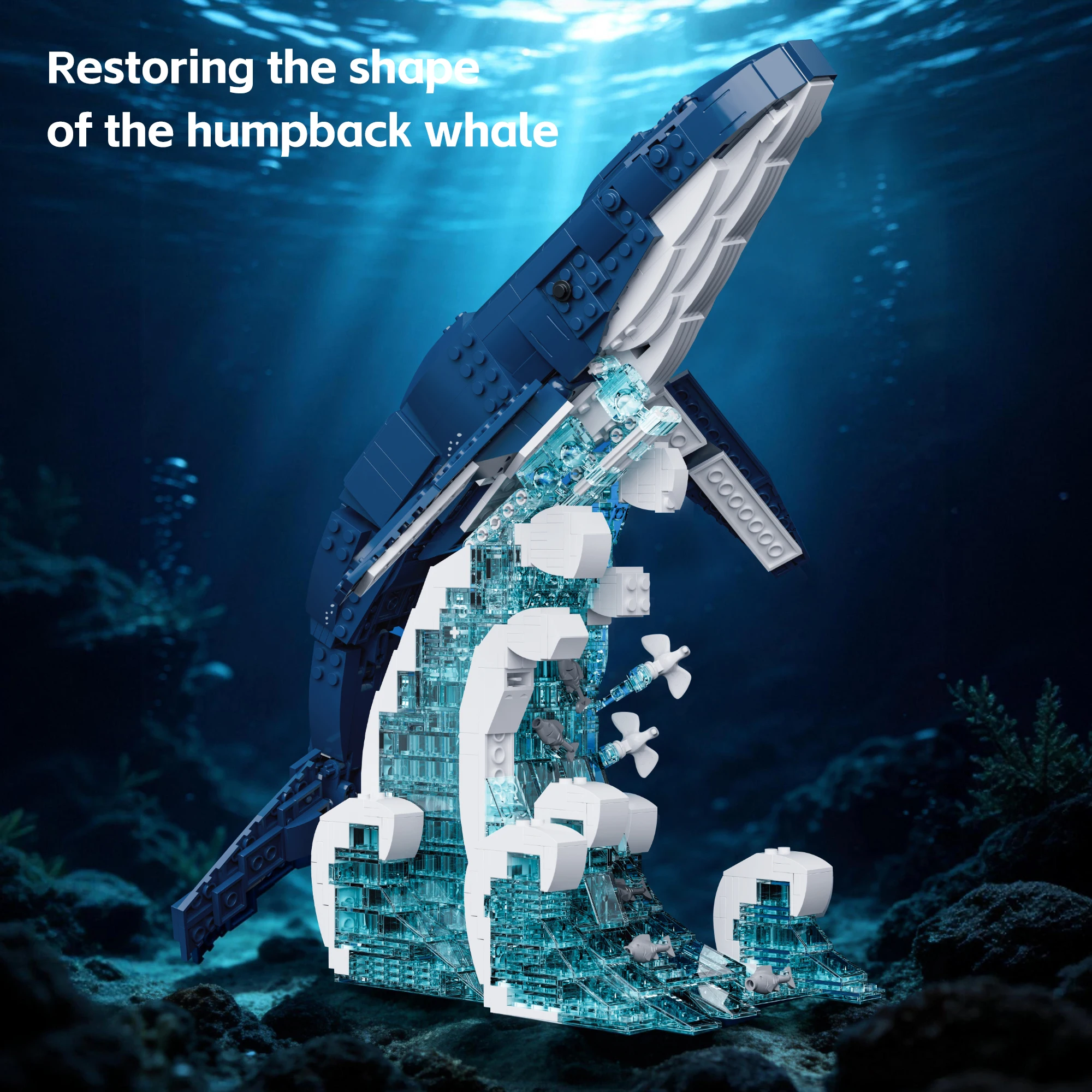 1163PCS Blue Whale Building Blocks Articulated Joint With Wave Base Whale Animal Ocean Scene Model Bricks Toys Desktop Ornament