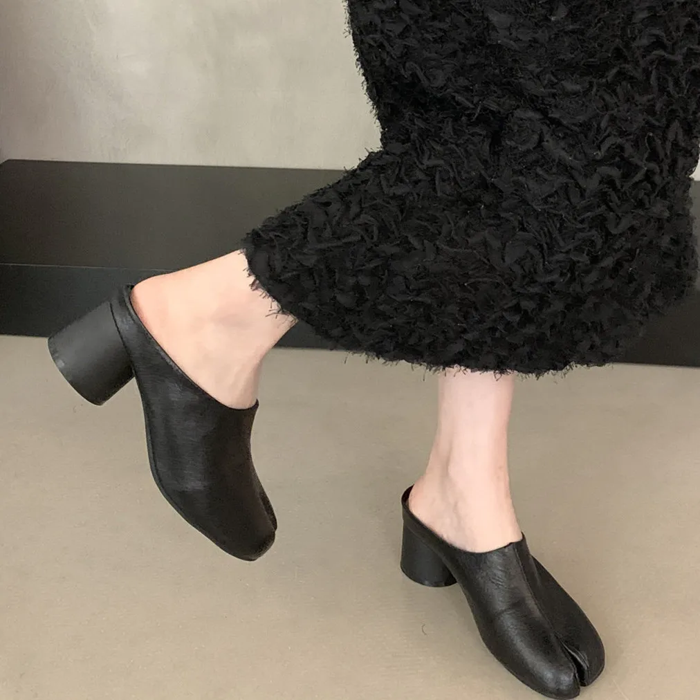 Bailamos Spring Women Split Toe Shoes Fashion Hight Heel Laofers Shallow Soft Leather Pumps Casual Outdoor Slippers Dress Mules view 4