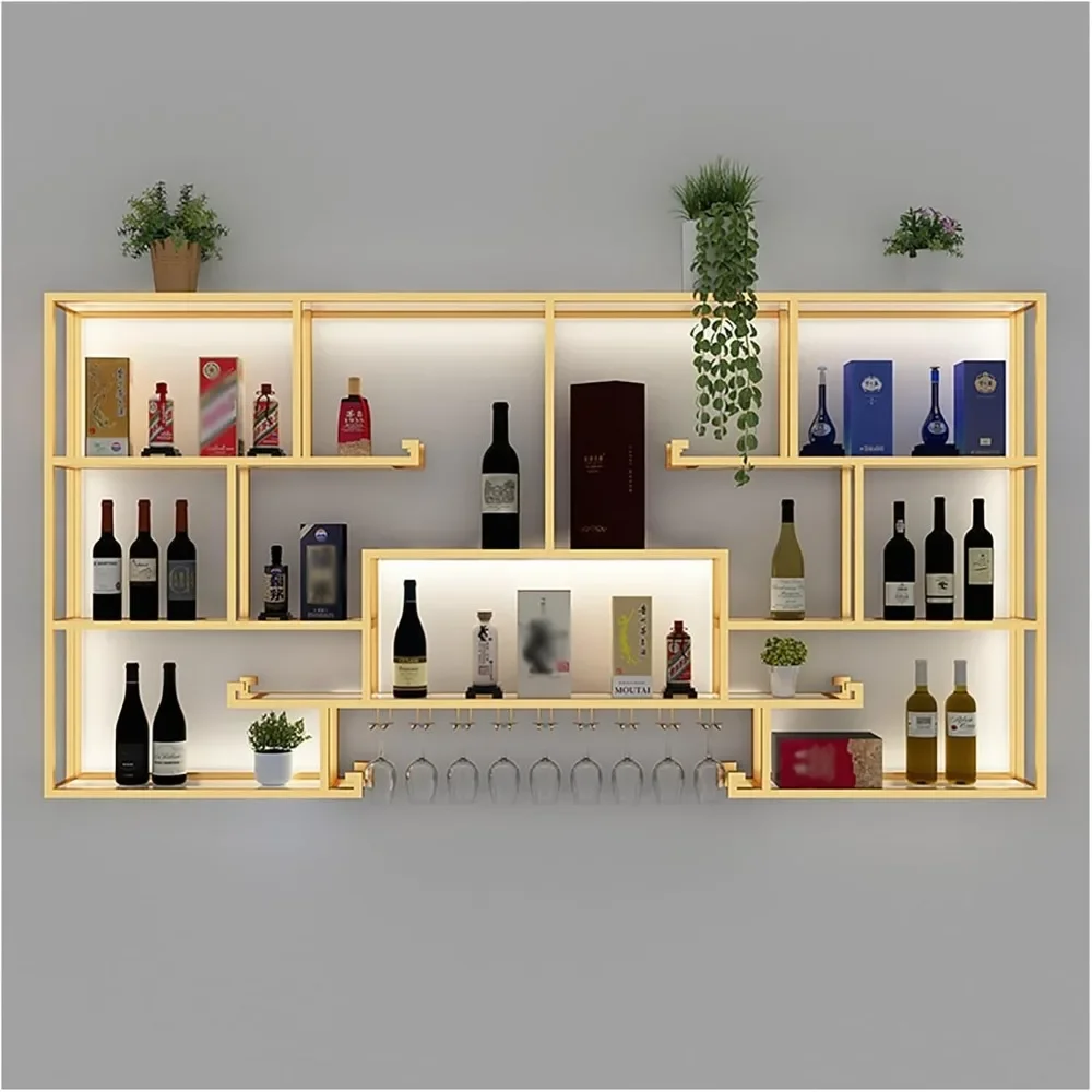 

Wine Rack Wall Mounted With Wine Glass Holder, Modern Wine Storage Rack Wall Mounted With LED Light, Iron Bar Liquor Shelf