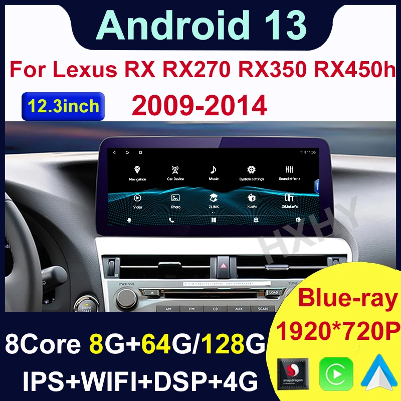 

Qualcomm 12.3" Android 13 Apple Carplay Car Video Player Central Multimedia Stereo Screen For Lexus RX RX270 RX350 RX450H