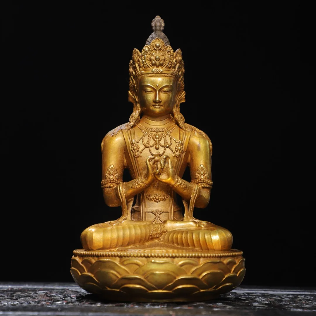 

8"Old Bronze Gilded Cinnabar Mahasthamaprapta Bodhisattva Sitting Buddha Lotus Terrace Worship Hall