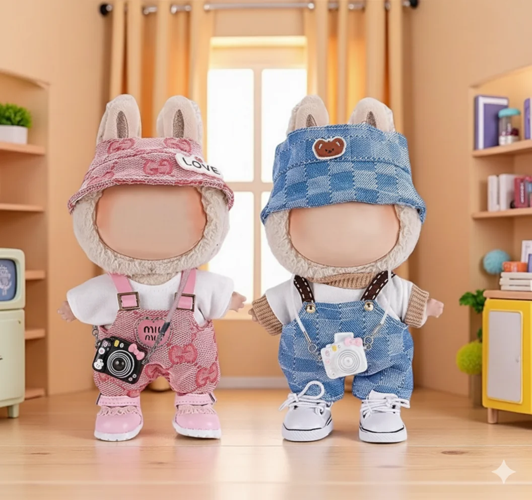 17cm Mini Doll'S Clothes Outfit Accessories For Labubu V1 V2 V3 Striped Overalls Hats Glasses Shoes Cool Handsome Clothing Gift