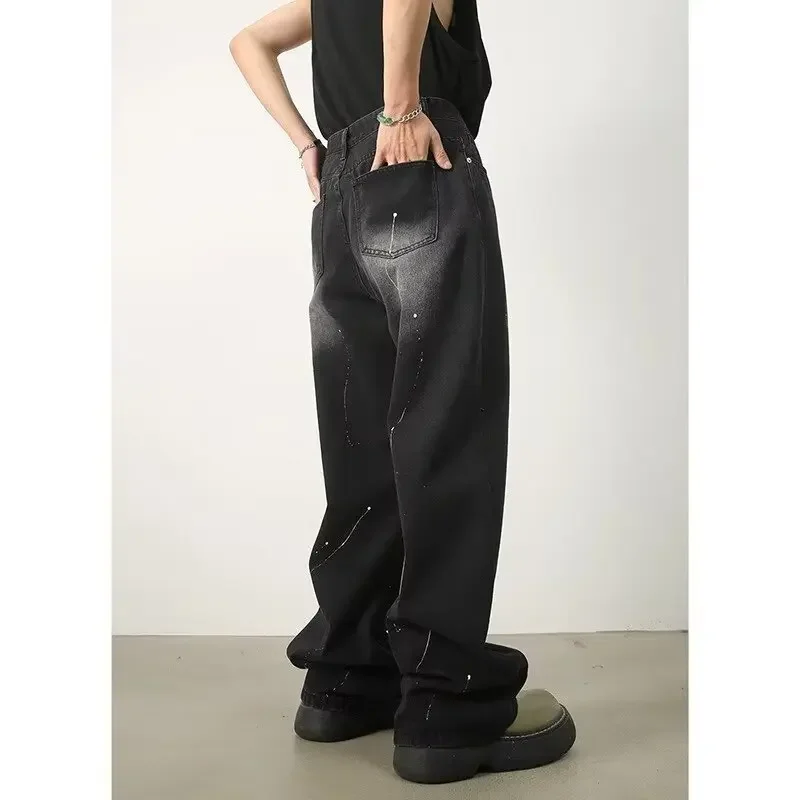 American Black Vintage Splashed - Ink Jeans, Men's Loose High - Street Straight - Tube Casual Long Pants สําหรับฤดูใบไม้ผลิและฤดูใบไม้ร่วง