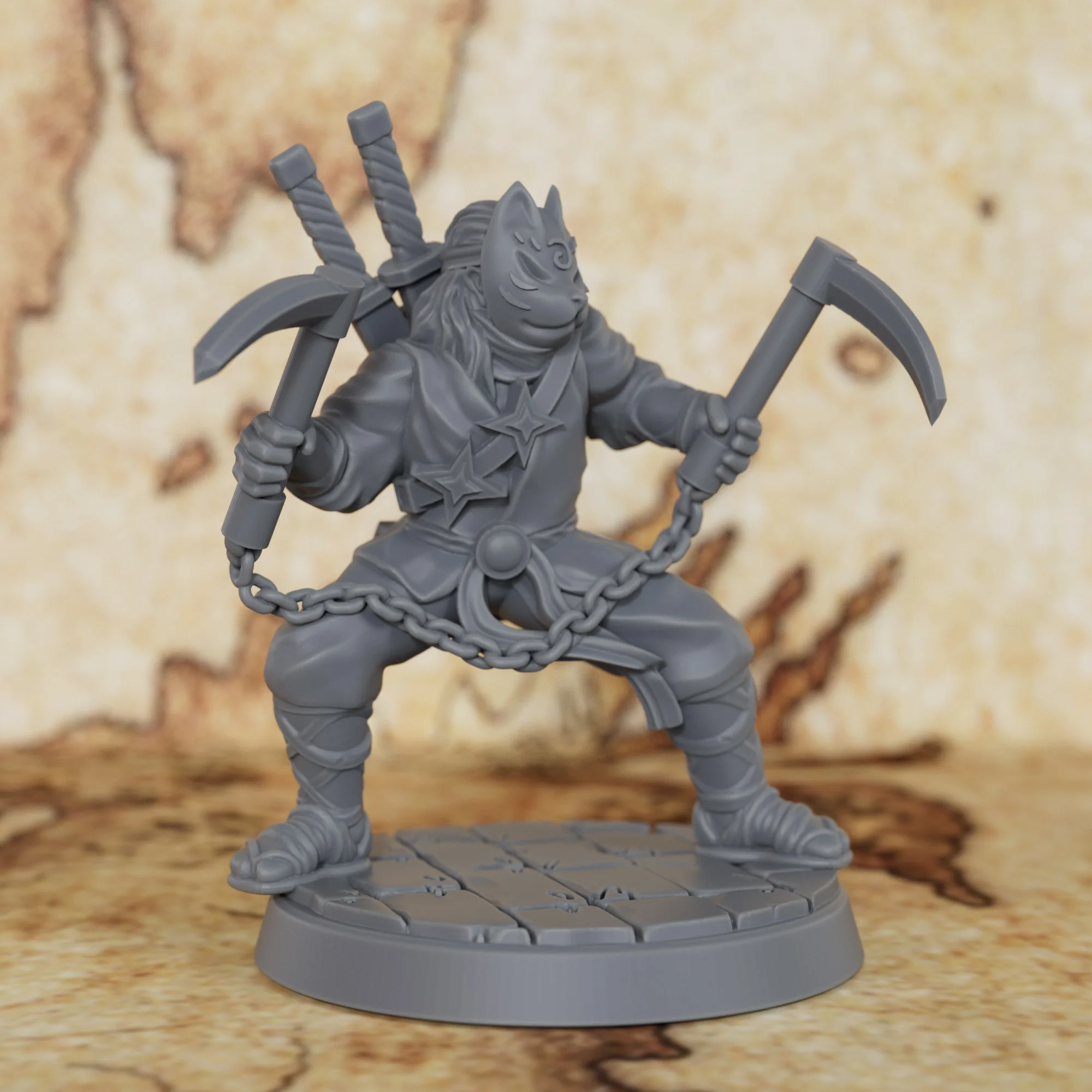 

RPG Ninja with Cat Mask & Kusarigama Miniature – Great Accessory for Classic TTRPG Tabletop Enthusiasts, Unique Collectible