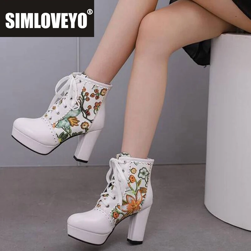 

SIMLOVEYO 2025 Новые женские ботильоны с круглым носком и квадратным каблуком, платформа 9,5 см, 2,5 см, шнуровка с цветком, смешанные цвета, 46 47 48 Dating Booty