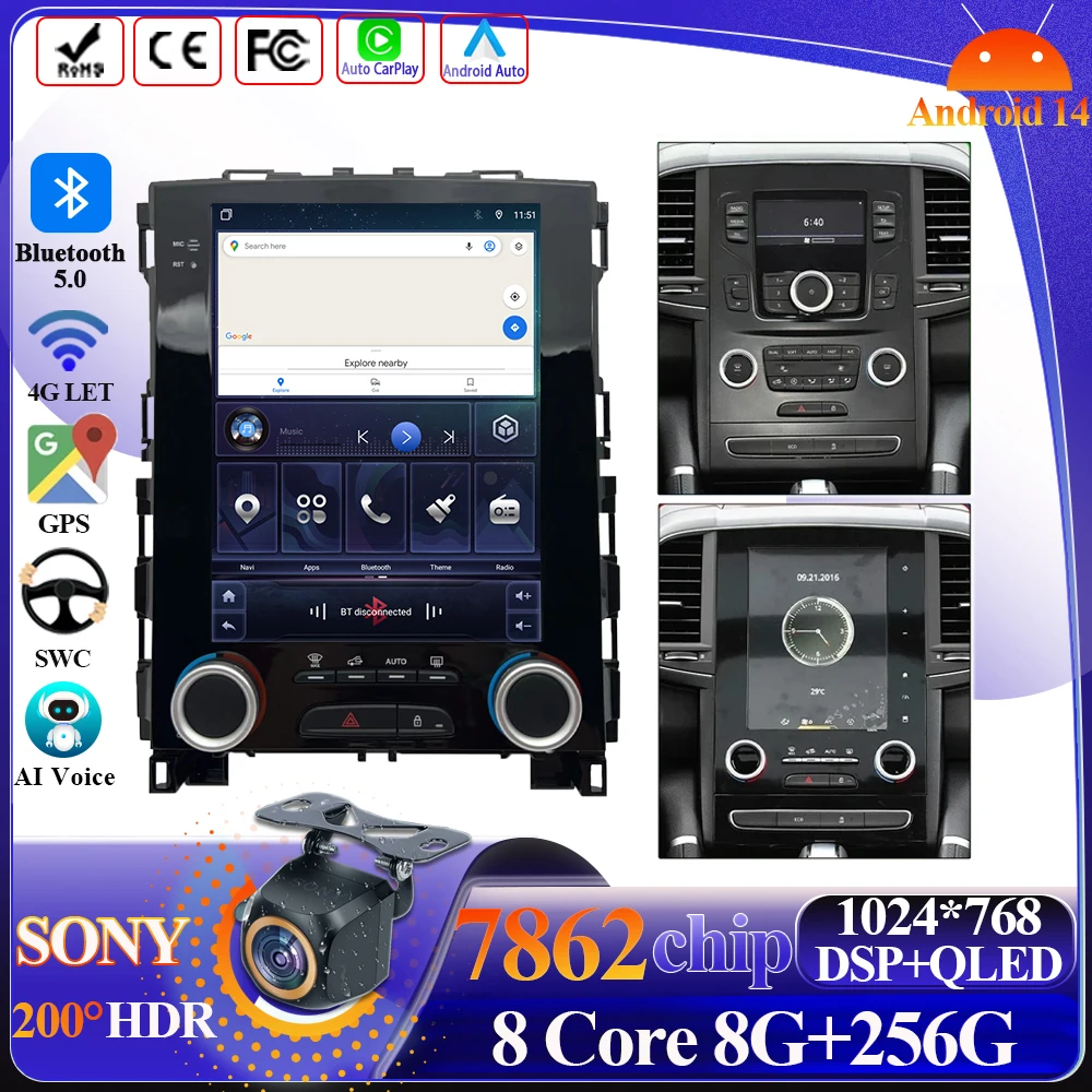 Android 14 For 9.7 Inch Tesla Style Renault Koleos Megane 4 Samsung SM6 Talisman 2017-2019 Car Multimedia Player 5G Wifi Display