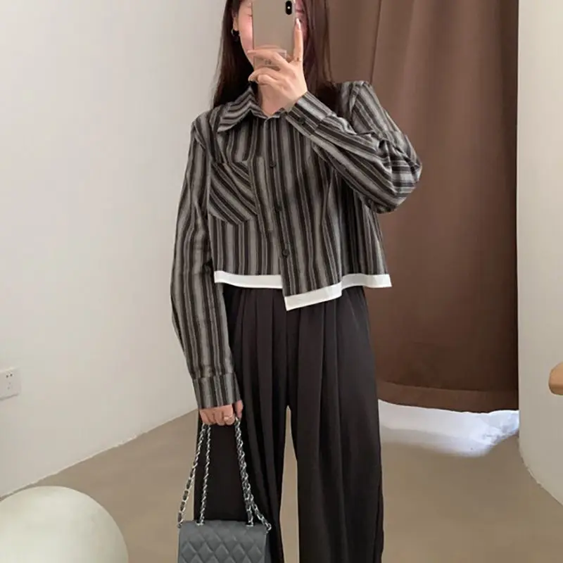 QWEEK Korean Style Striped Short Shirt Irregular Elegant and Youthful Woman Blouses Office Long Sleeve Autumn Women\'s Clothes