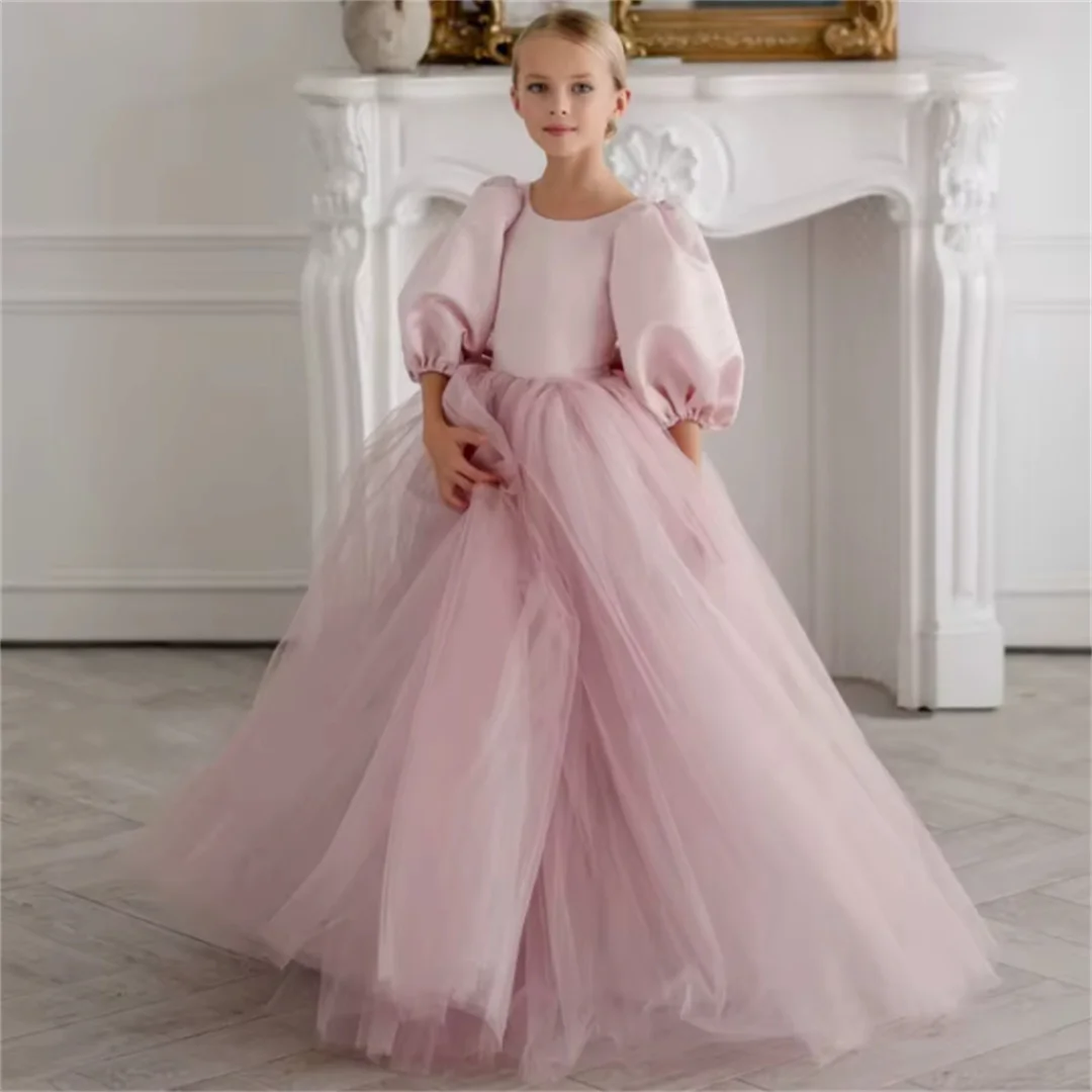 Flower Girl Dresses Dusty Pink Pearls Neck With Bow Half Sleeve For Wedding Birthday Holy Communion Banquet Princess