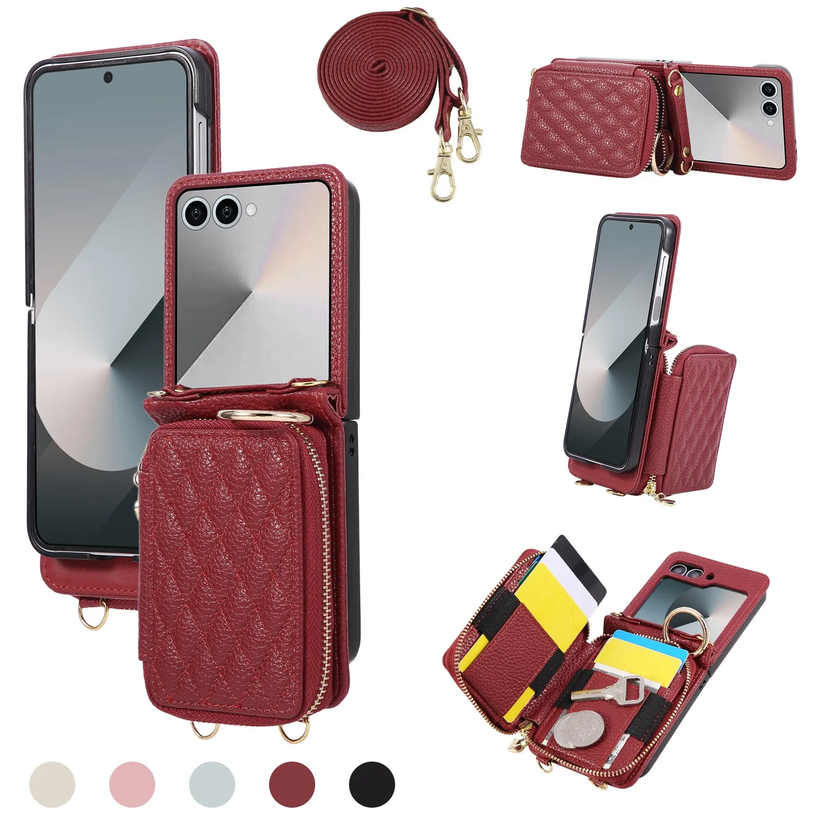 Grid Crossbody Case for Samsung Z Flip 8 7 6 5 4 3 Flip8 Flip6 Flip5 Flip4 Leather Case Lanyard Phone Case Cards Cash Pocket
