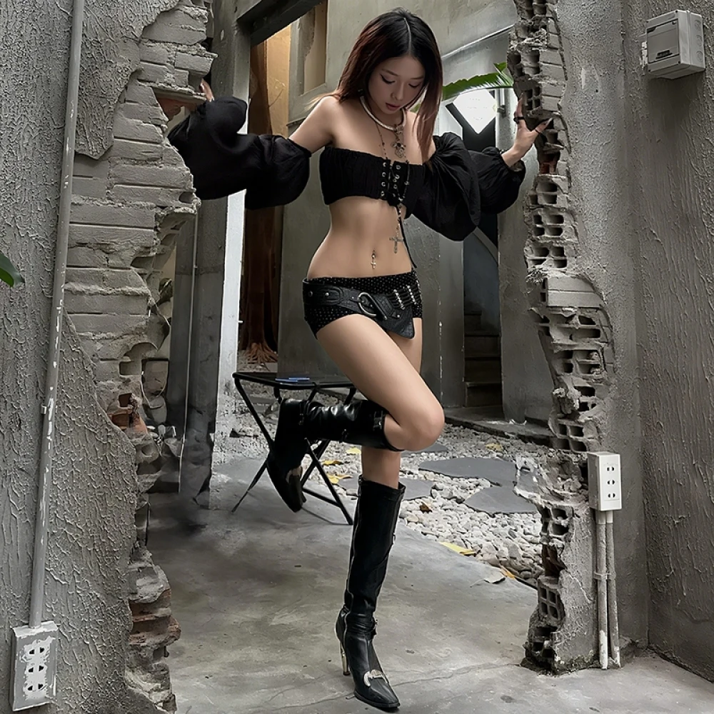 SylCue 섹시 패션 베스트 슈트 여성용 주름 셔링 코르셋 탑+랜턴 슬리브 커버 핫 걸즈 하이 스트리트 와일드 스타일 의상