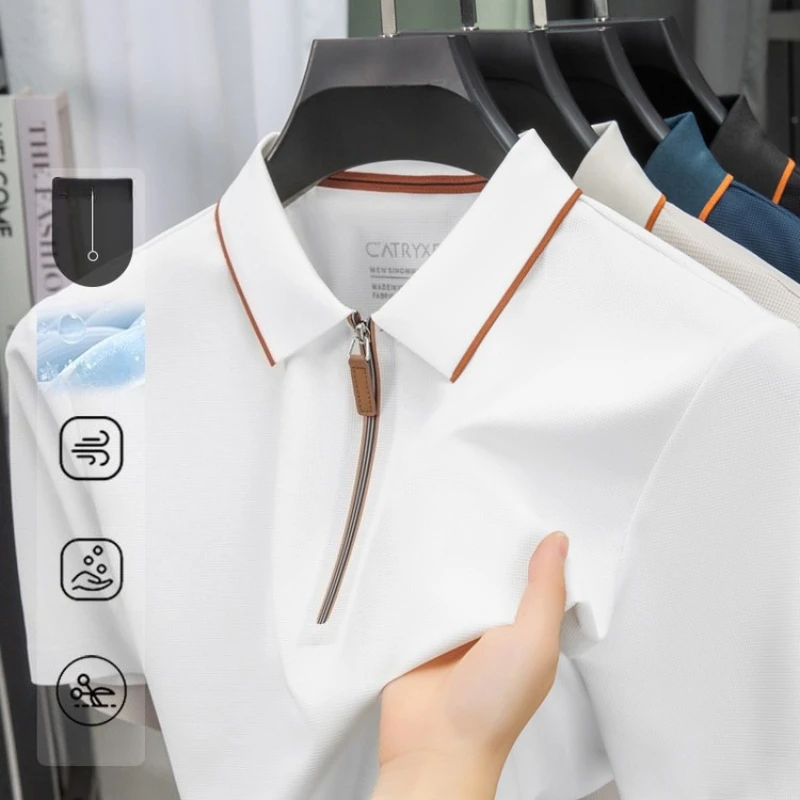 

Men's Performance Polo Cool Touch & Wrinkle-Free Orange Trim Collar Half-Zip Athleisure Polo Shirt Office To Gym Golf Ready