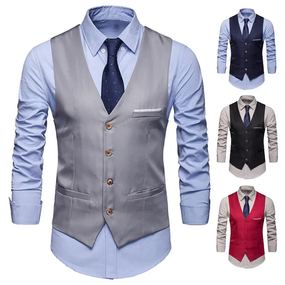 Men Suit Vest Elegant Slim Fit Business Waistcoat for Men V Neck Vest with Pockets for Formal Events Weddings Anti-wrinkle Groom