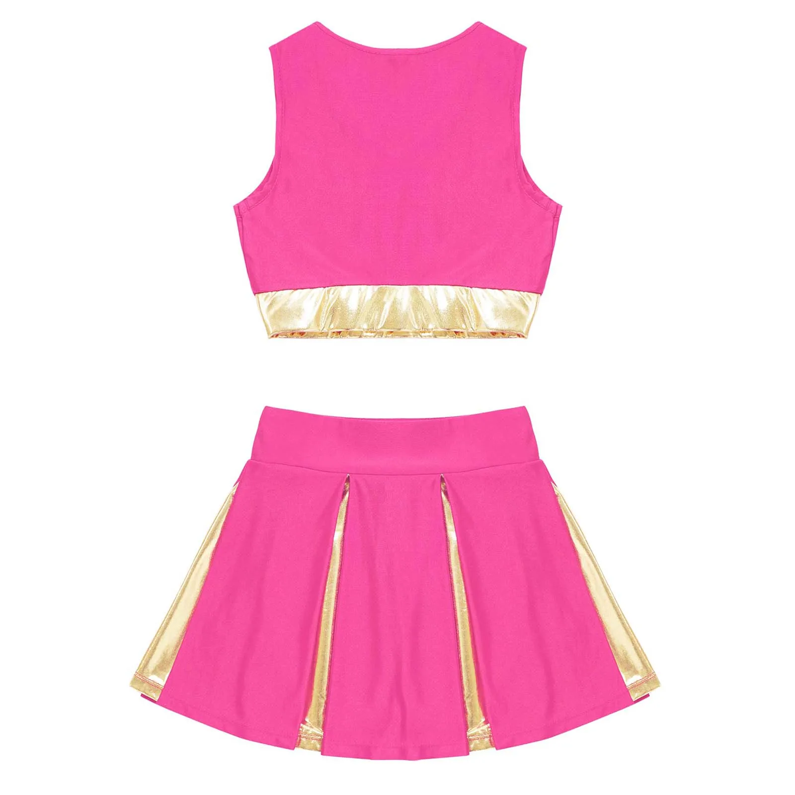 Kids Girls Cheer Uniform Cheerleader Dance Costume Sleeveless V Neckline Letter Print Crop Top with Elastic Waistband Skirt