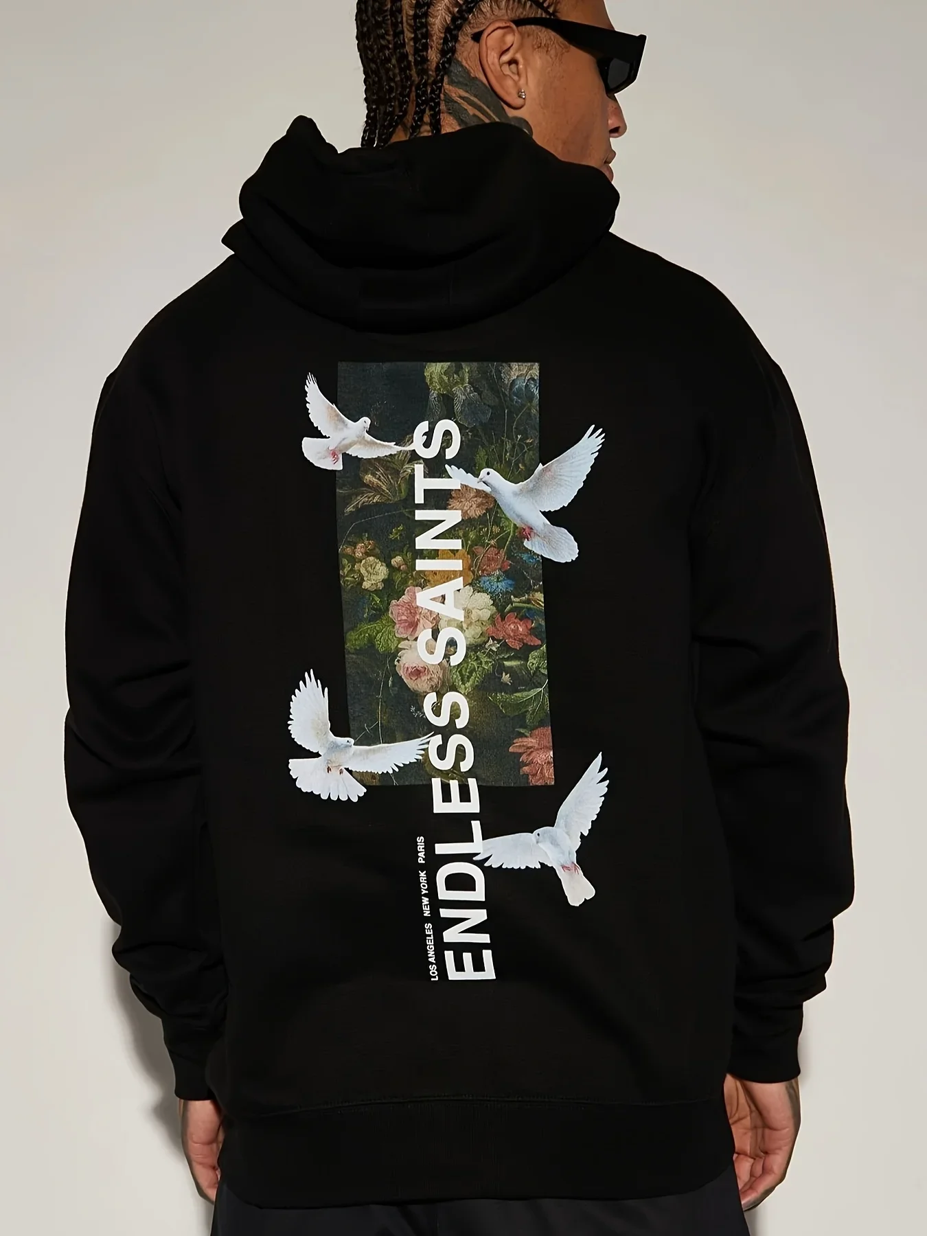 Sweat à capuche en polaire pour homme, motif floral vintage, col verticale, impression dos « ENDLESS SAINTS » et « White Dove », style streetwear