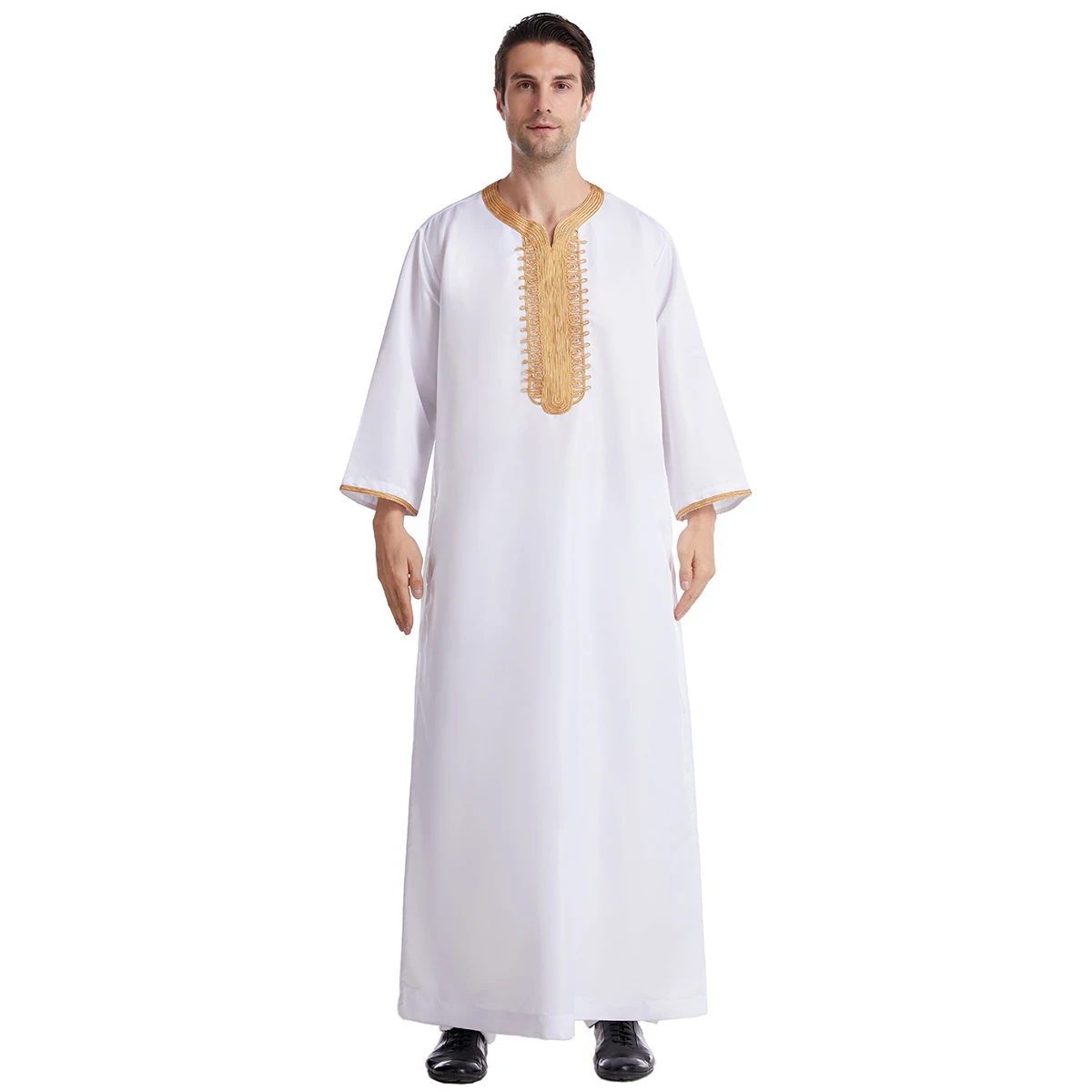 Homens muçulmanos oito mangas gola redonda cor pura bordado robe árabe masculino adulto tornozelo comprimento thobe ramadan eid roupas