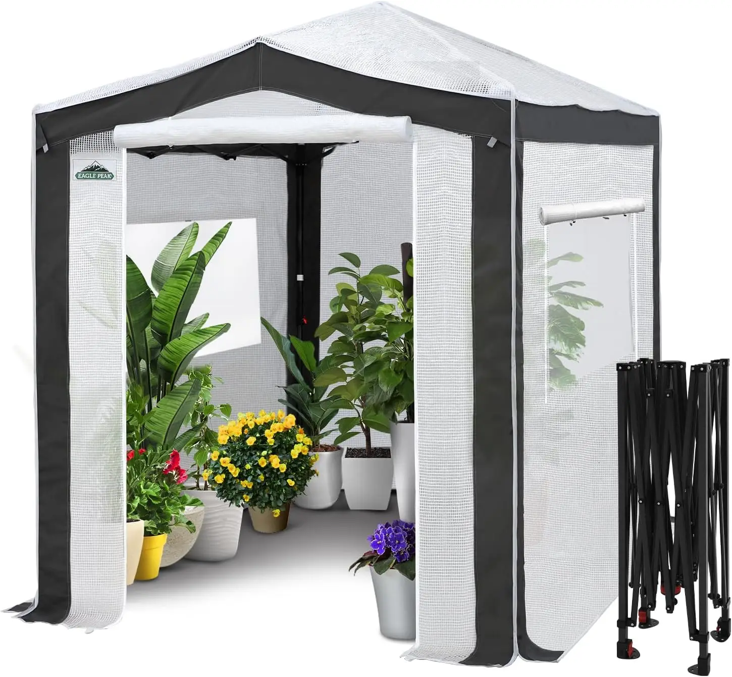 Indoor and Outdoor Use, Polyester, Gray/White, Portable Walk-in Greenhouse with Roll Up Zipper Entry Doors and Mesh Windows