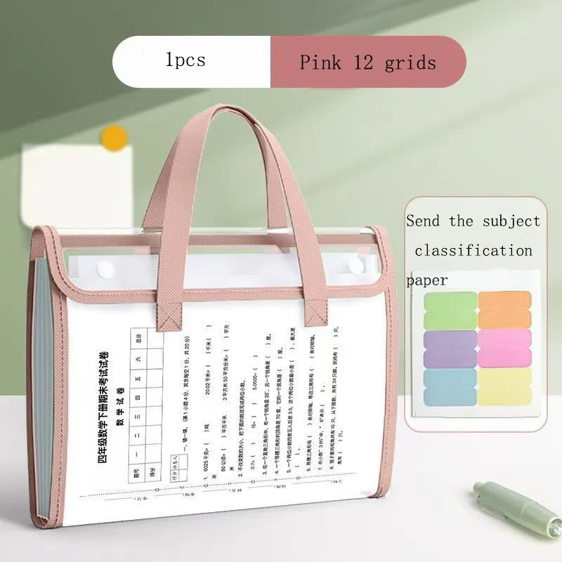 12-compartment Horizontal Flip PVCTransparent Large-capacity Test Paper Storage Bag for Students Waterproof Multi-layer File Bag