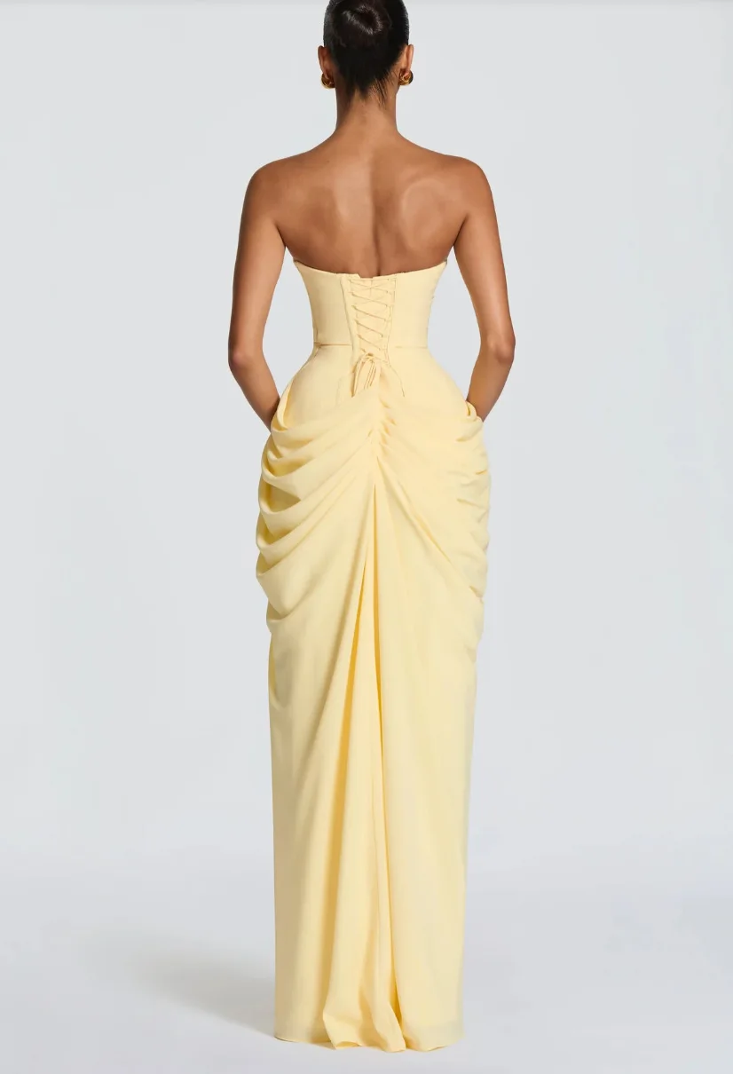 Mingmingxi Spring Summer Yellow Strapless Maxi Dress Ruched High Slit Evening Gown Bodycon Wedding Guest Party Dress Women
