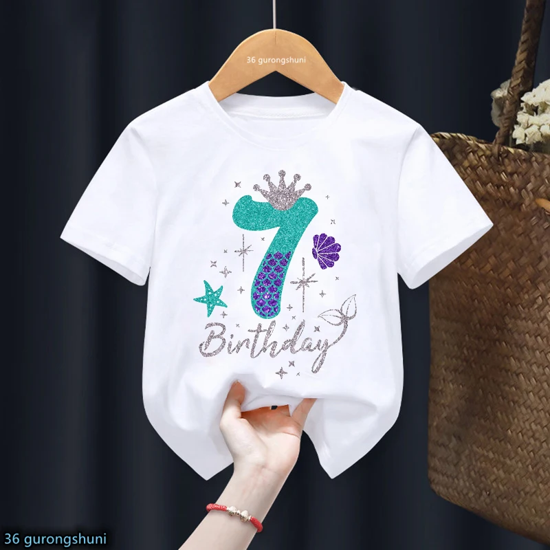 Crianças roupas bonito 6th presente de aniversário para meninas t camisa sereia princesa coroa impressão tshirt harajuku kawaii roupas branco camiseta