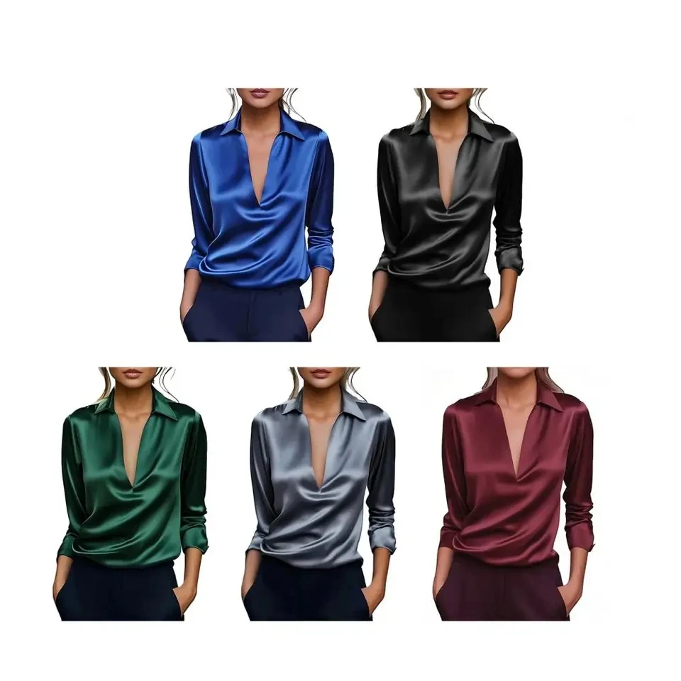 

Elegant Solid Color Simple Sexy V-neck Shirt Autumn Women's Long Sleeved Lapel Casual Comfortable Shirt Blusas De Mujer Smooth
