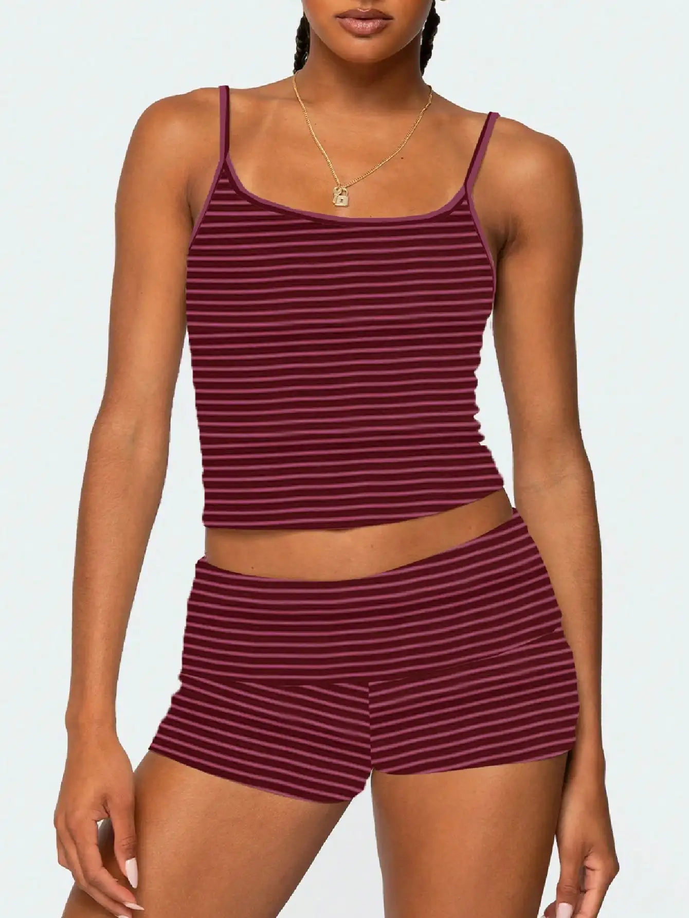 

Women's Striped 2-Piece Lounge Set: Sleeveless Square Neck Cami Top & Shorts