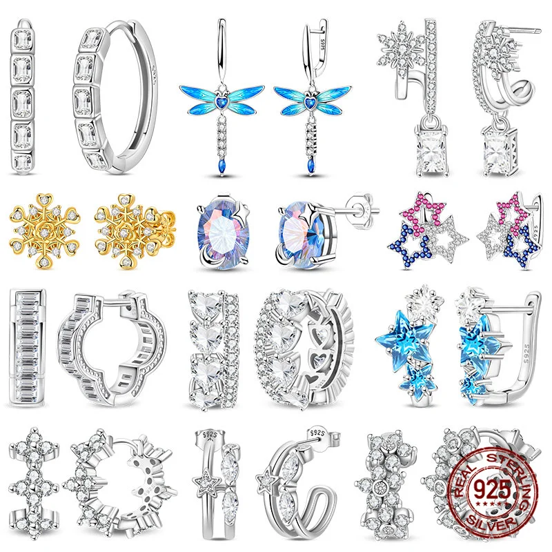 

100% plata de ley 925, классические простые двухслойные женские серьги со звездами, стрекозой, розой и снежинками, подарки на годовщину, день рождения