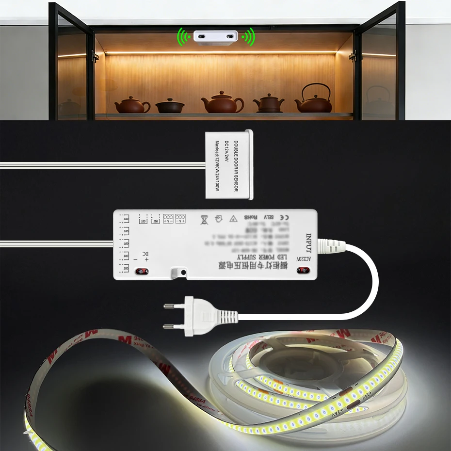 Smart Door Sensor Control 24V COB LED Strip Under Cabinet Lights Closet Wardrobe Cabinet Strip Double Door Home Decor Lighting