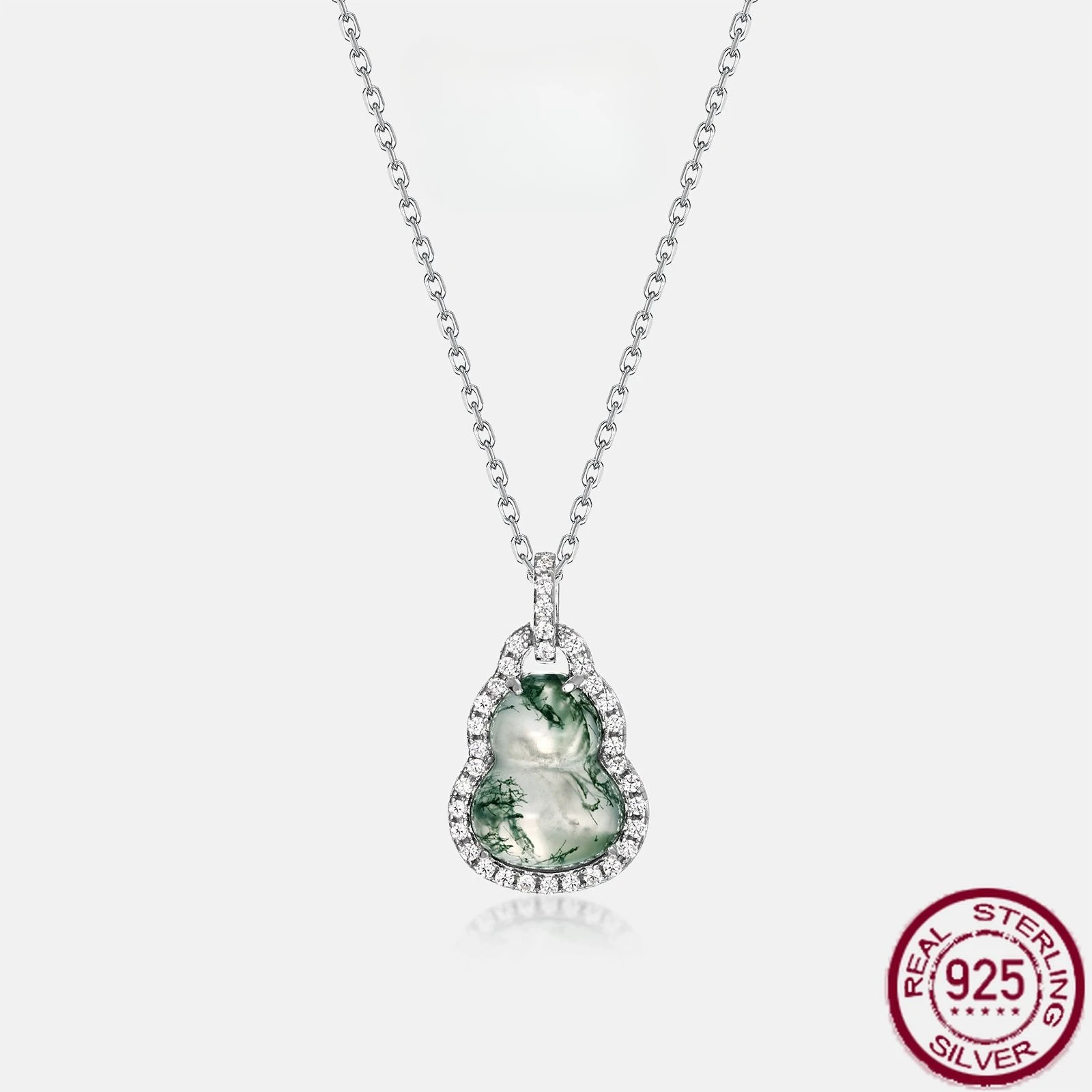 

New S925 pure silver water grass agate gourd inlaid with green moss stone necklace, personalized light luxury wedding jewelry