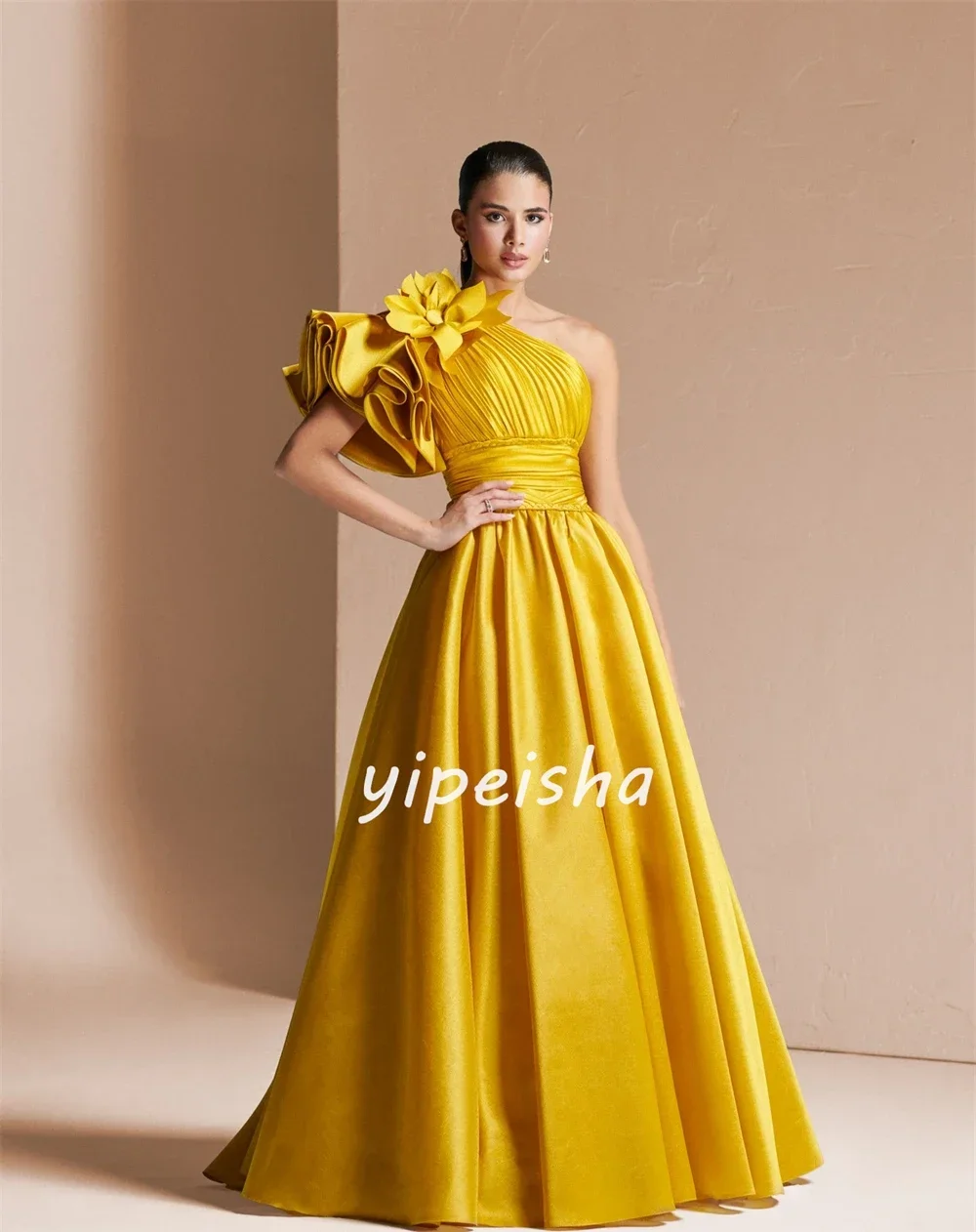 Customized Formal Modern Style Pleat Draped Handmade Flower Ruched A-line One-shoulder Long Dresses Evening Dresses Exquisite